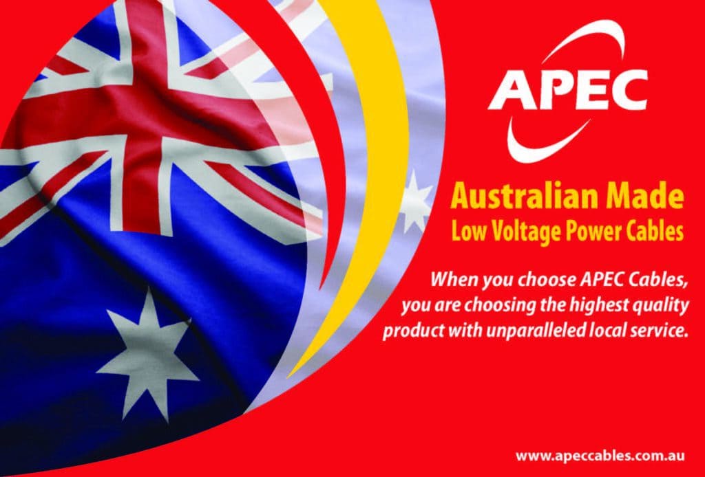 Australian made APEC low voltage power cables with Australian flag background, emphasizing quality a.