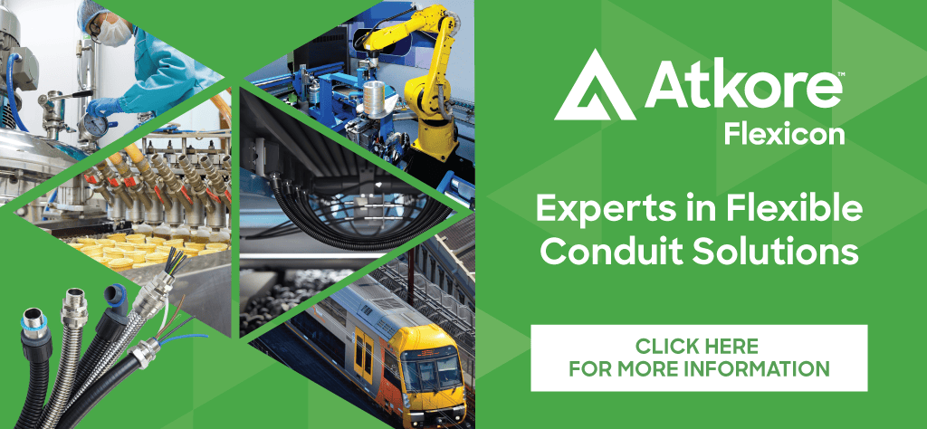 Flexible conduit solutions by Atkore Flexicon, featuring industrial automation, wiring, and transpor.