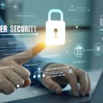 Cyber security lock and digital data protection concept with a person using a tablet.