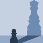Strategic chess game with a focus on king and queen pieces on a blue background.