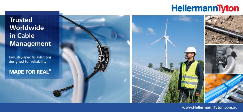 Cable management solutions with wind turbines and solar panels in Australia.