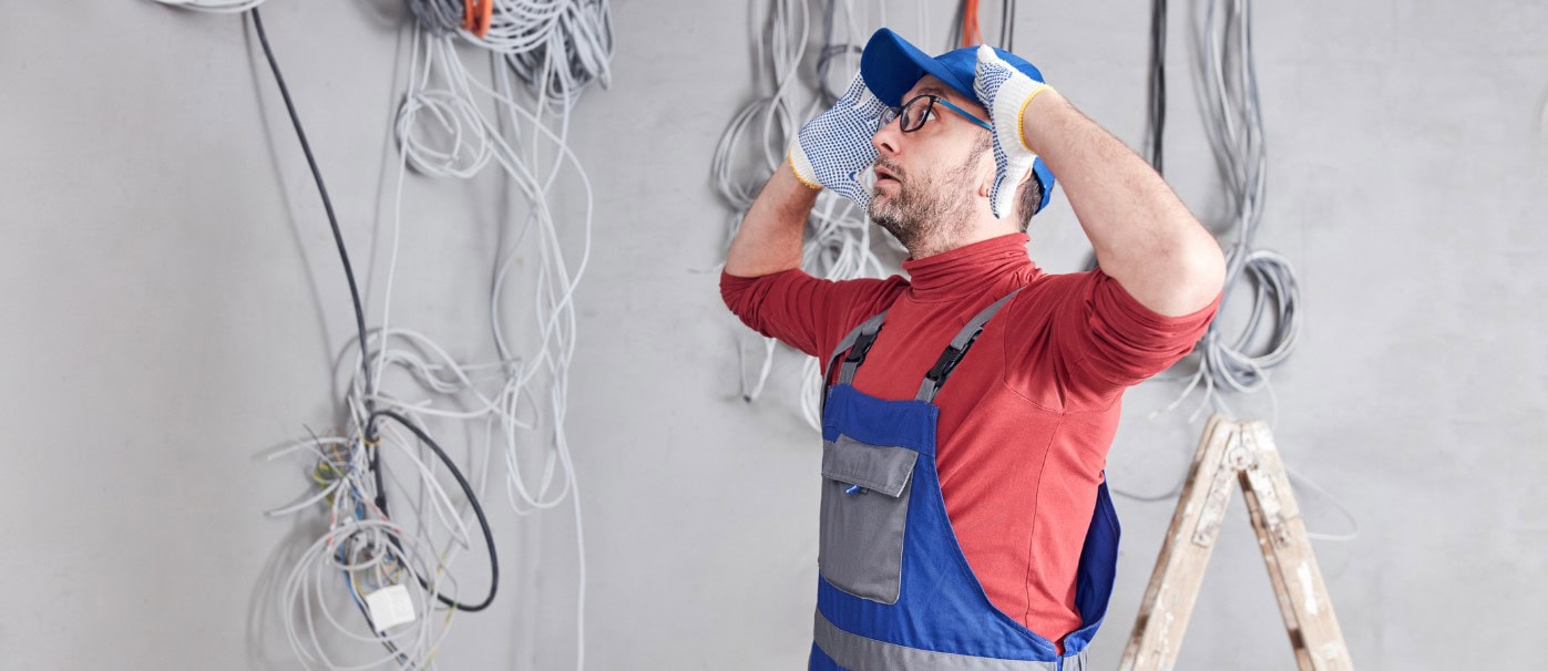 Electrical technician inspecting wiring on a wall with tangled cables in the background.